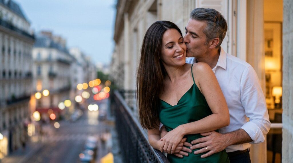 Femme amoureuse d’un homme marié qui l’enlace sur un balcon parisien à l’heure bleue