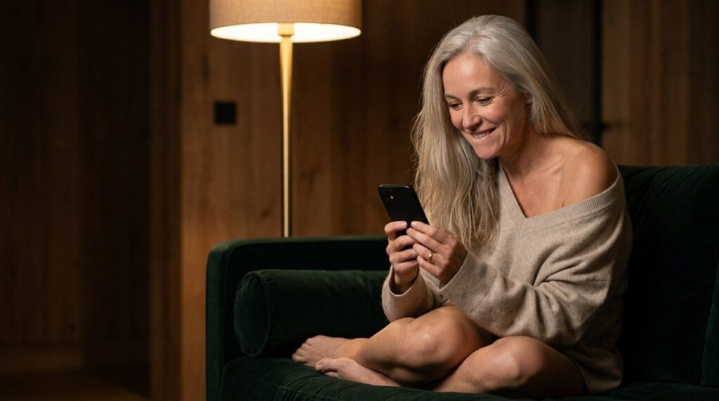 Femme qui sourit en lisant un message sur son téléphone, installée dans un fauteuil