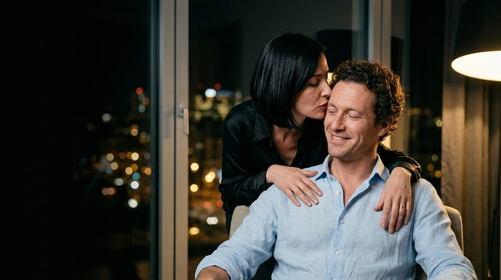Couple d’amants enlacé devant les lumières de la ville après une annonce adultère