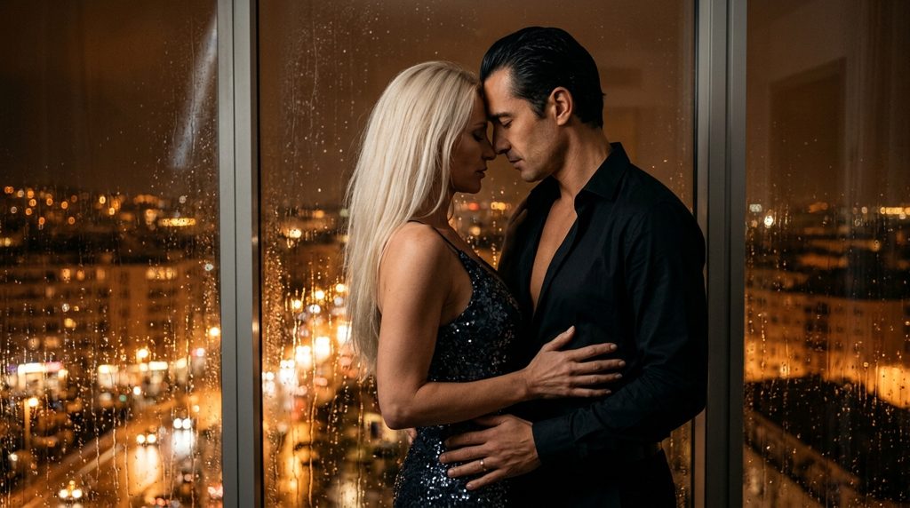 Aventure d’un soir : un couple d’amants s’embrasse dans une chambre d’hôtel