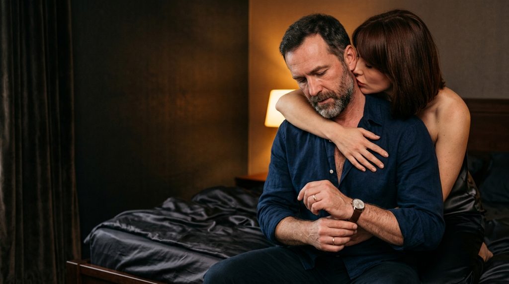 Homme marié qui retire sa montre au bord d’un lit d’hôtel, sa maîtresse l’enlace et l’embrasse dans le cou