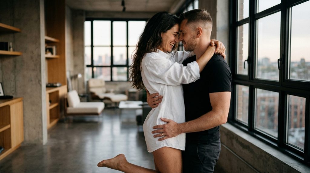 Liaison régulière : deux amants complices s’enlacent en riant dans un loft