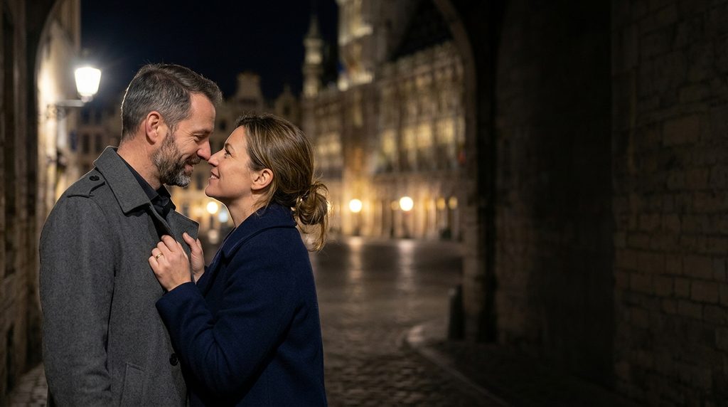 Rencontre adultère à Bruxelles : couple d’amants dans une ruelle près de la Grand-Place la nuit
