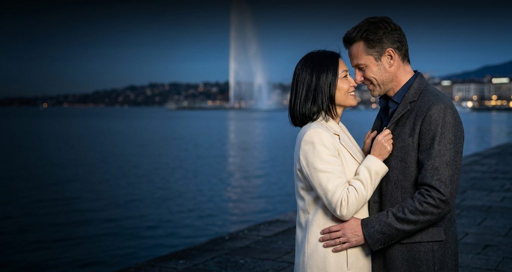 Rencontre adultère à Genève : amants au bord du lac Léman, jet d’eau en fond