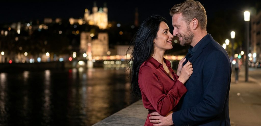 Rencontre adultère à Lyon : amants sur les quais la nuit, Fourvière illuminée
