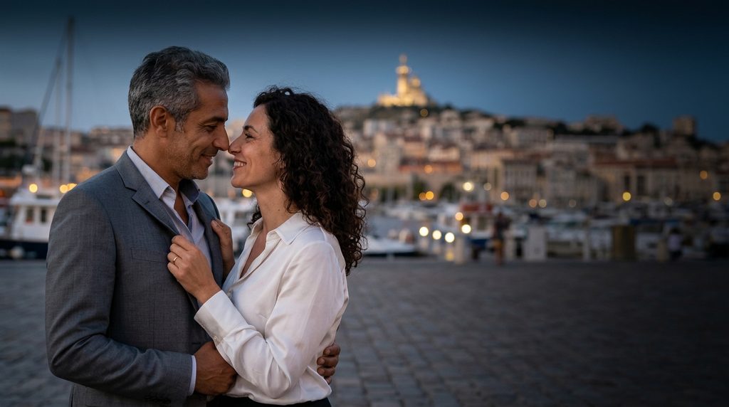 Rencontre adultère à Marseille : couple d’amants sur le Vieux-Port au crépuscule