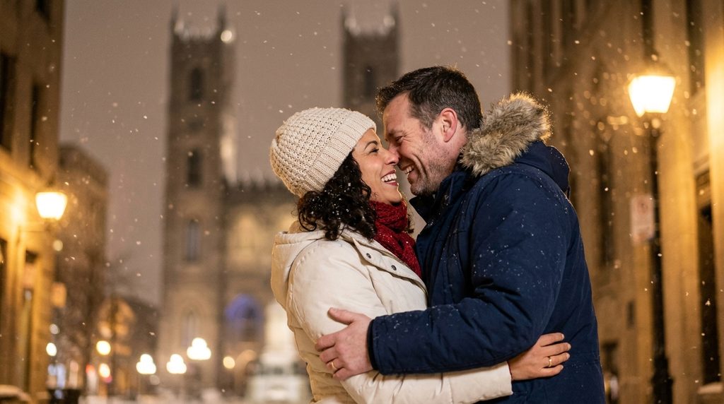 Rencontre adultère à Montréal : amants enlacés dans le Vieux-Montréal sous la neige