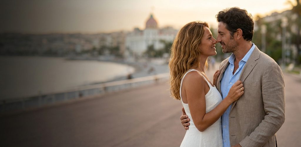 Rencontre adultère à Nice : amants sur la promenade des Anglais au coucher du soleil