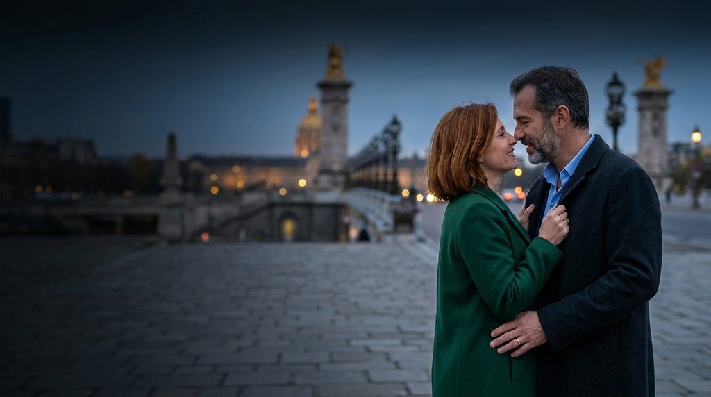 Rencontre adultère à Paris : couple d’amants enlacé près du pont Alexandre-III