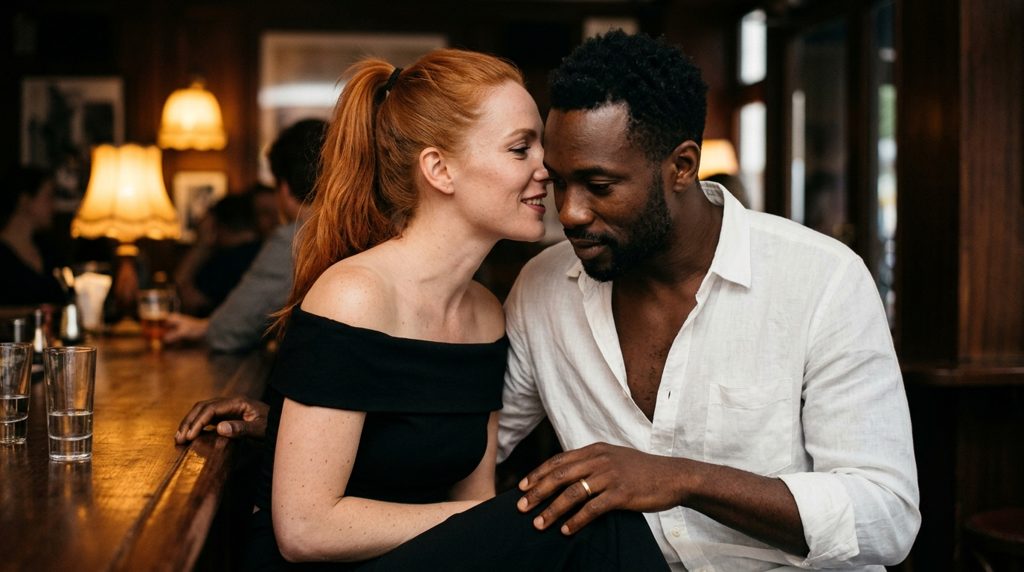 Rencontre au feeling : un homme et une femme se rapprochent au comptoir d’un bar à vin
