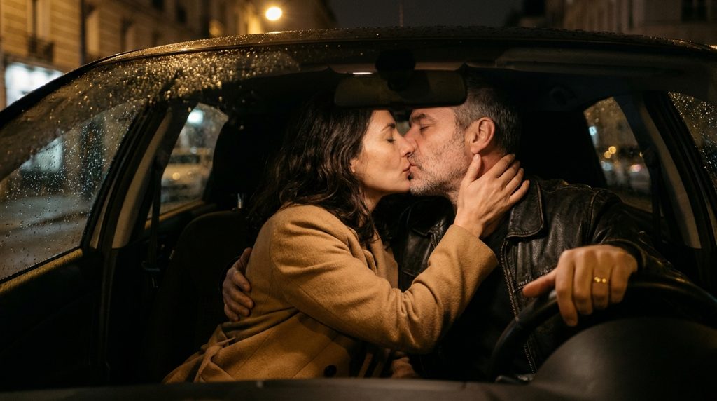 Amants qui s’embrassent dans une voiture garée sous la pluie, le soir
