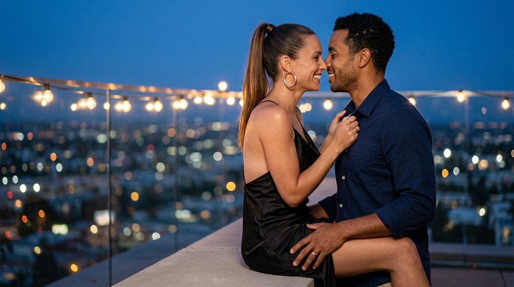 Premier rendez-vous discret entre deux membres sur un rooftop la nuit