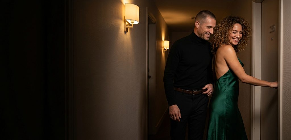 Femme en robe émeraude qui ouvre en souriant la porte d’une chambre d’hôtel à son amant, dans un couloir tamisé
