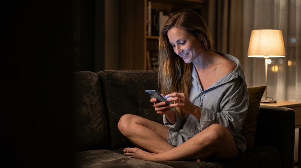 Femme en chemise d’homme assise en tailleur sur un canapé, qui sourit en écrivant à son amant sur son téléphone