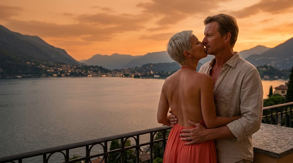Couple d’amants en vacances sur un balcon face à un lac au coucher du soleil