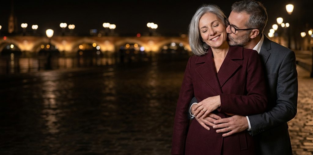 Couple d’amants enlacés sur les quais de Bordeaux la nuit, le pont de pierre illuminé en arrière-plan