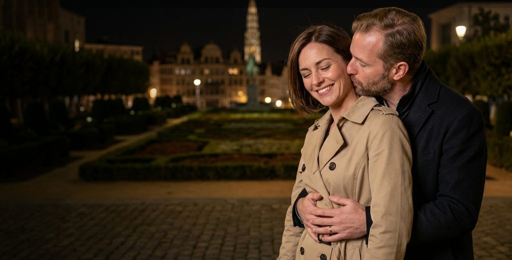 Couple d’amants au Mont des Arts à Bruxelles, la flèche de l’hôtel de ville illuminée en arrière-plan