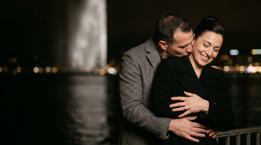 Couple d’amants enlacés au bord du Léman à Genève, la nuit, le Jet d’eau en arrière-plan