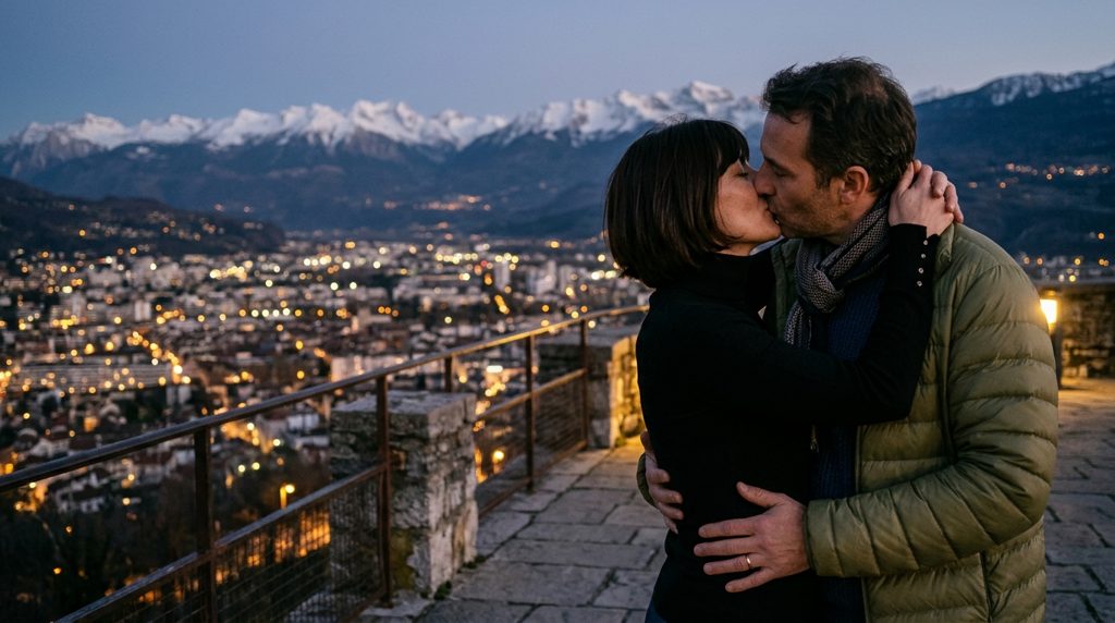 Couple d’amants sur la terrasse de la Bastille à Grenoble, lumières de la ville et Alpes enneigées en arrière-plan, au crépuscule