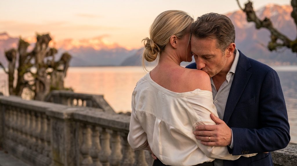 Couple d’amants sur une terrasse au bord du Léman à Ouchy, Lausanne, Alpes au coucher du soleil