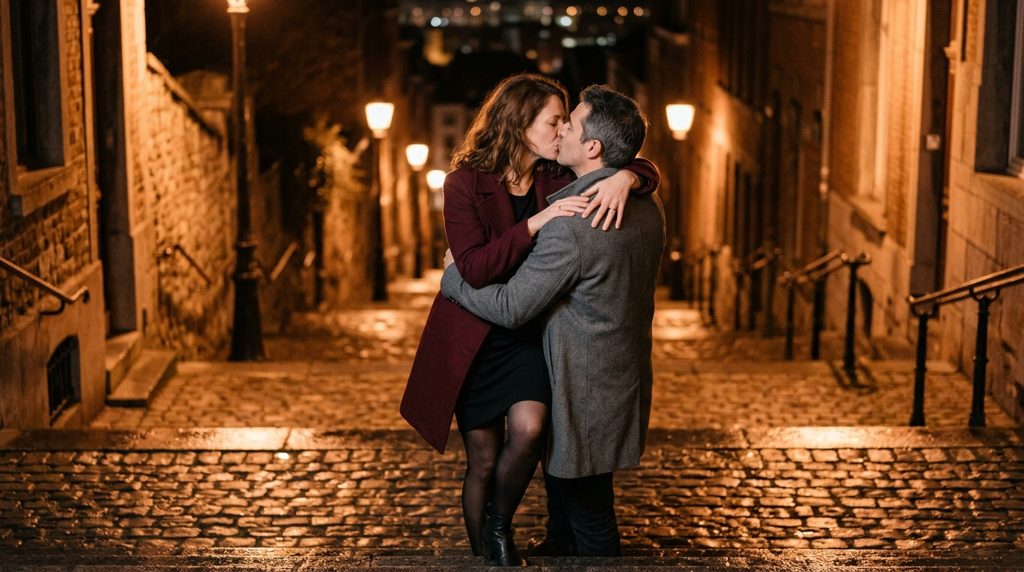 Couple d’amants enlacés dans l’escalier de la Montagne de Bueren à Liège, la nuit