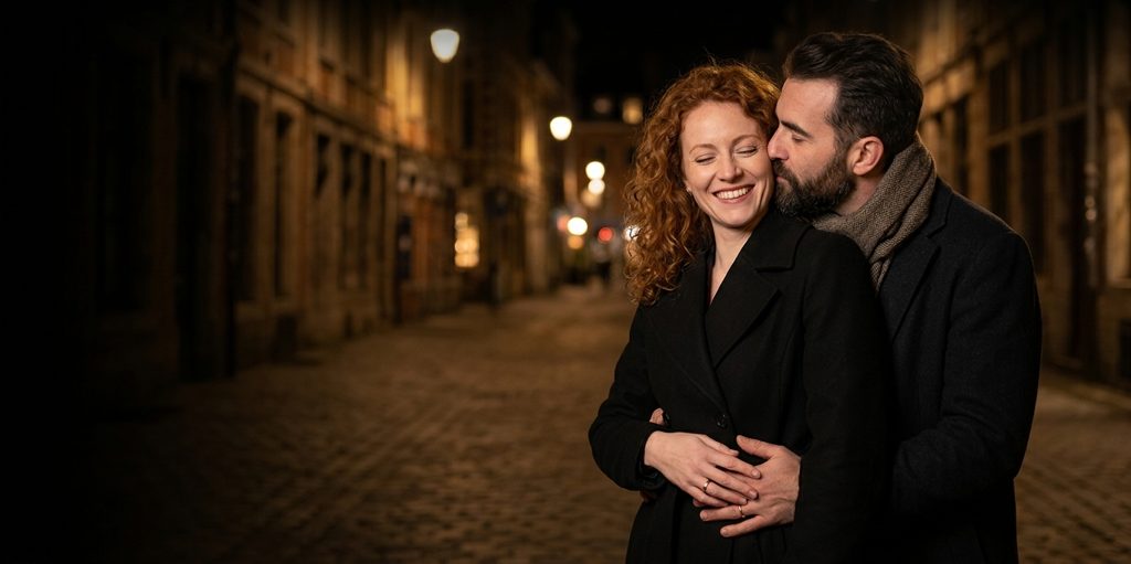 Couple d’amants enlacés dans une rue pavée du Vieux-Lille, la nuit