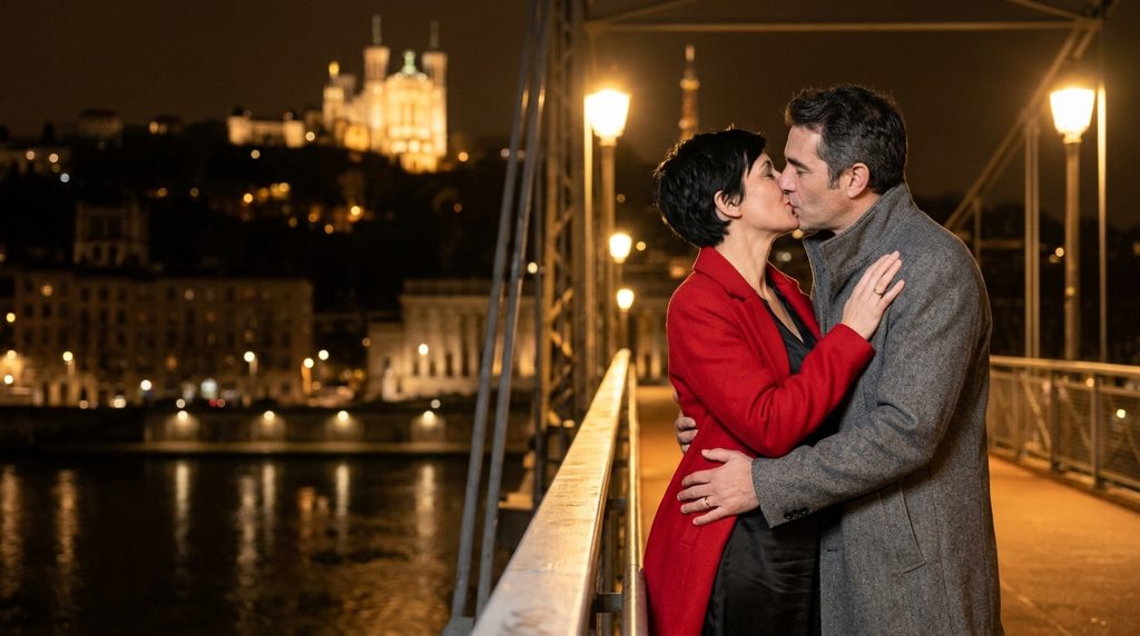 Couple d’amants qui s’embrasse sur une passerelle de Lyon la nuit, la basilique de Fourvière illuminée au-dessus
