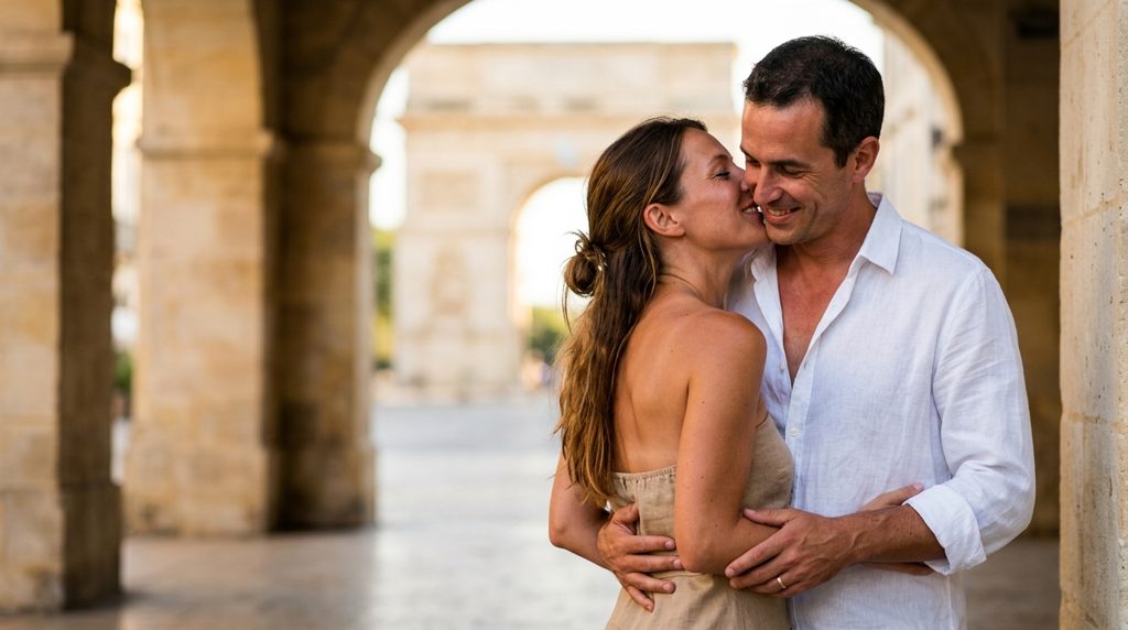 Couple d’amants sous les arcades en pierre blonde de l’Écusson à Montpellier, un soir d’été
