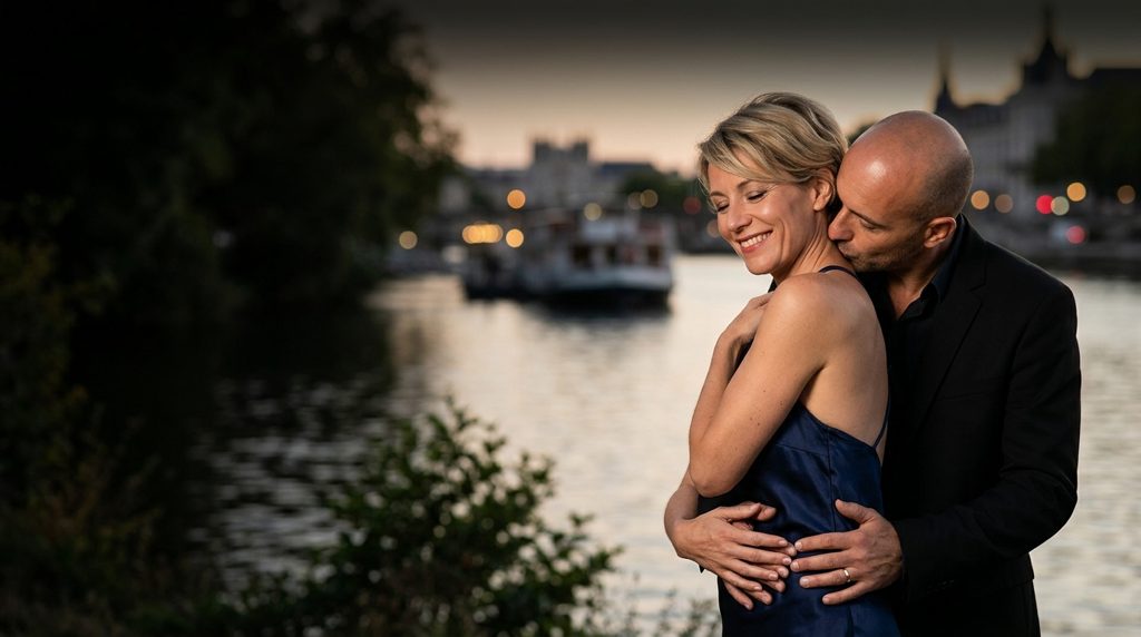 Couple d’amants enlacés au bord de l’eau à Nantes, au crépuscule