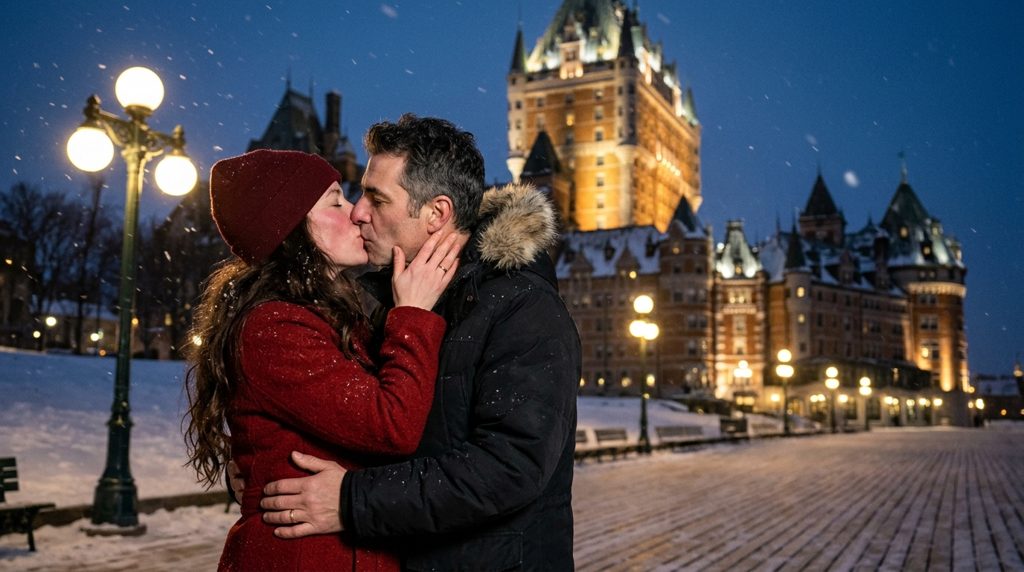 Couple d’amants qui s’embrassent sur la terrasse Dufferin à Québec, Château Frontenac illuminé sous la neige