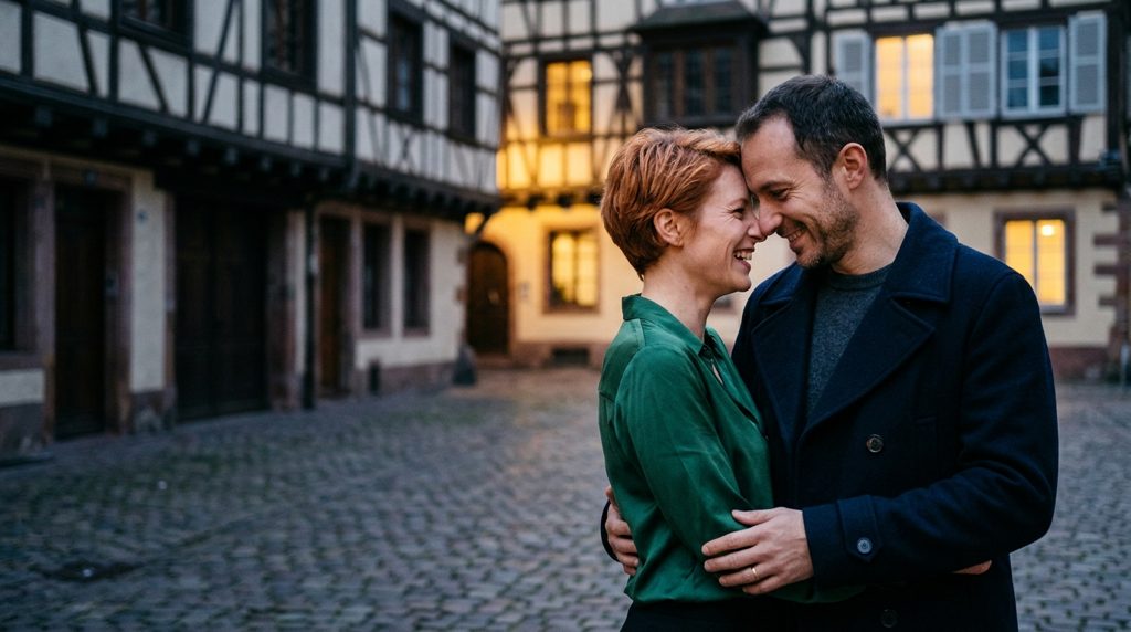 Couple d’amants complices devant les maisons à pans de bois de la place Sainte-Anne à Rennes, à la tombée du jour