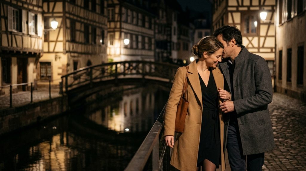Couple d’amants sur une passerelle de la Petite France à Strasbourg, maisons à colombages illuminées, la nuit