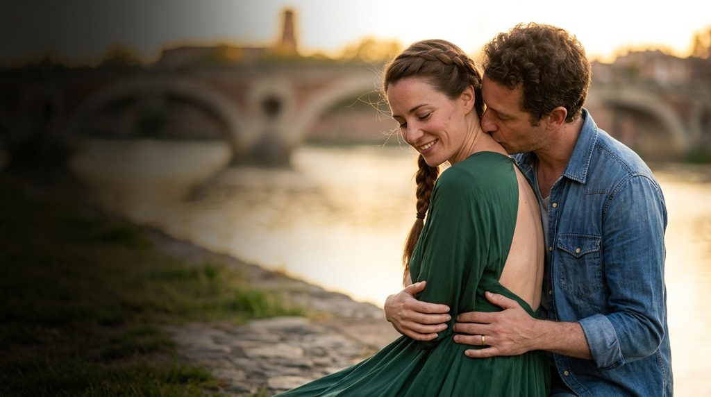 Couple d’amants au bord de la Garonne à Toulouse au coucher du soleil, le Pont-Neuf en brique en arrière-plan